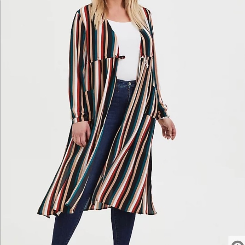 MULTI STRIPE CHIFFON TIE FRONT DUSTER KIMONO
